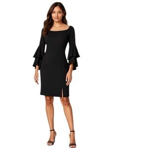 Venus Black Statement Tiered Bell Sleeve Quiet Luxury Cocktail Dress Size 10